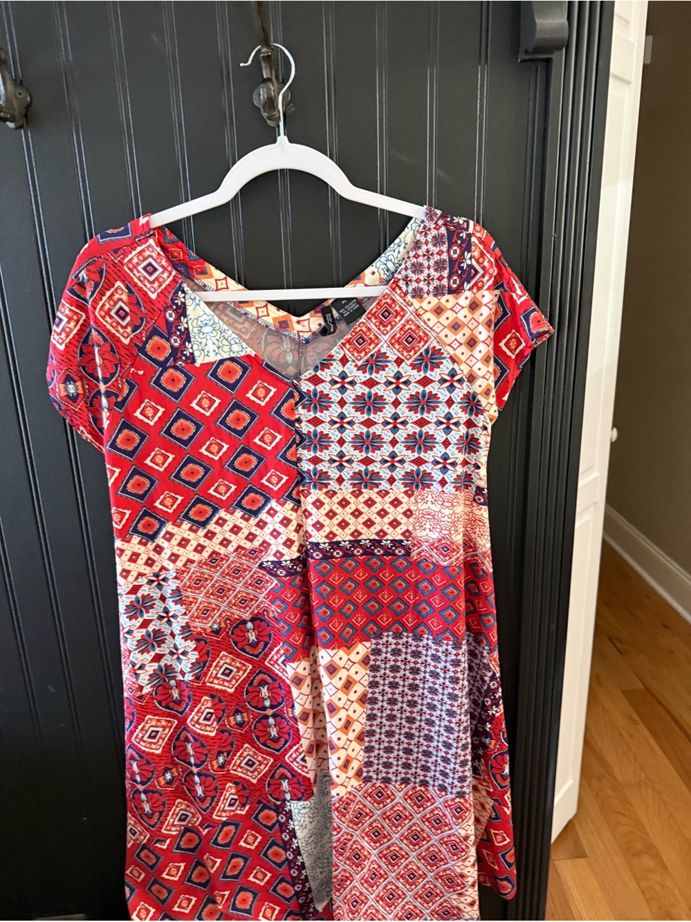 Patchwork Red & Navy Short Sleeve Shift Dress